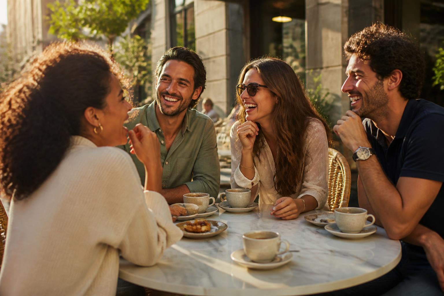 Friends laughing together at a sunlit outdoor café